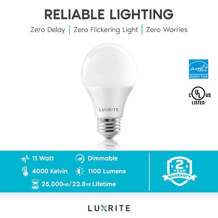 Luxrite A19 LED Light Bulbs 11W (75W Equivalent) 1100LM 4000K Cool White Dimmable E26 Base 6-Pack LR21432-6PK